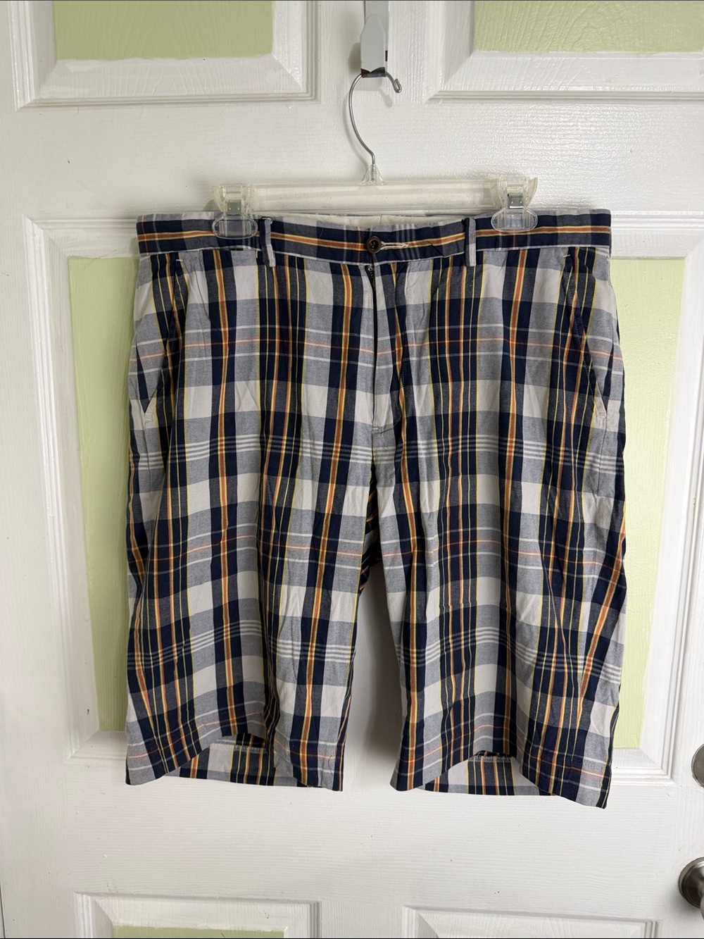 (2152) Polo by Ralph Lauren Navy, Cream & Orange Plaid Shorts, Size: 34 Waist
